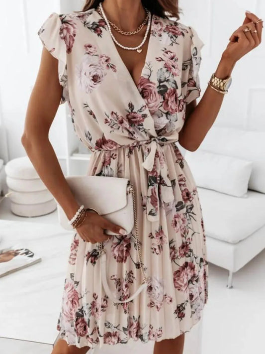 Floral Surplice Ruffled Cap Sleeve Dress Apricot Fitggins