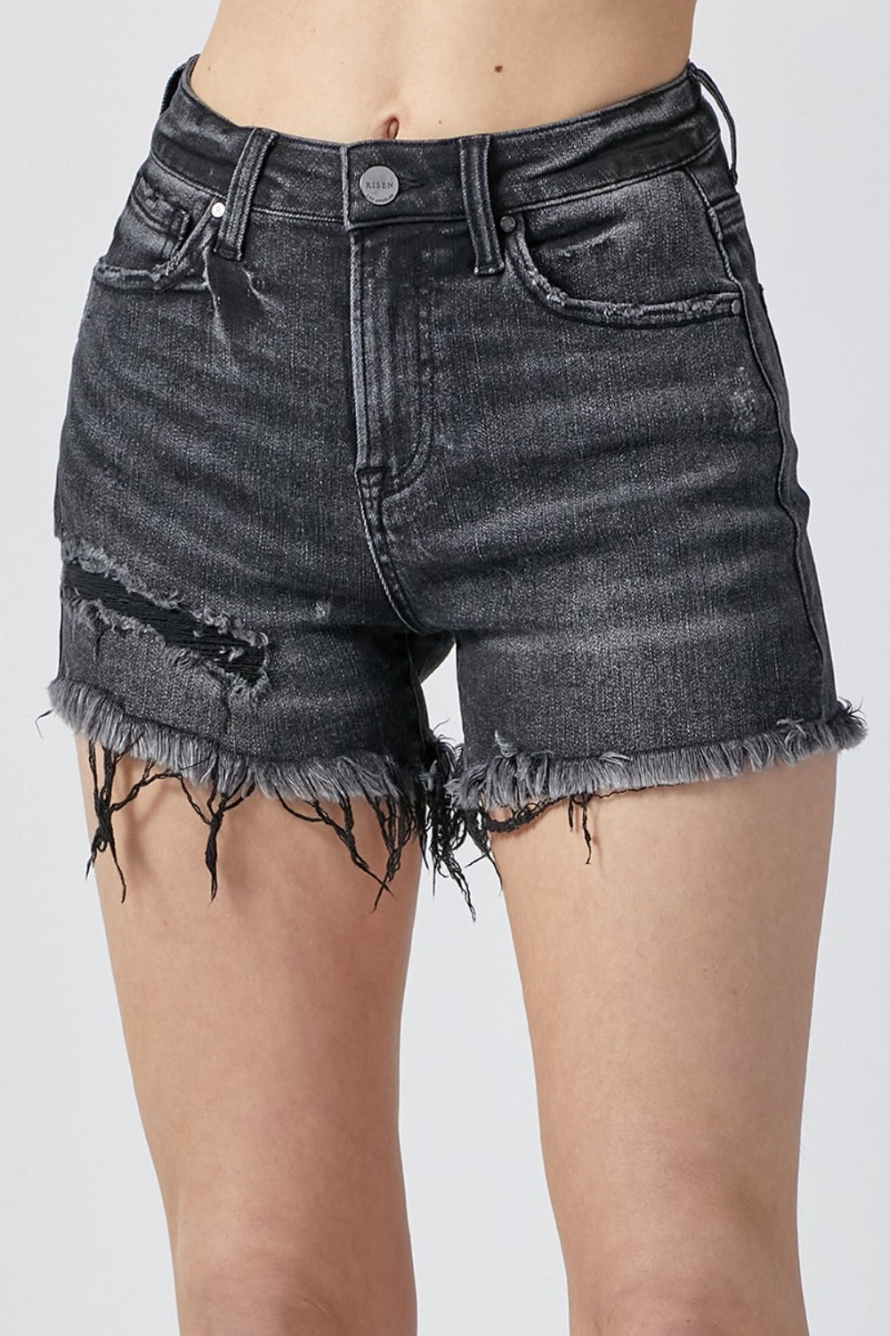 RISEN Raw Hem Denim Shorts with Pockets - Denim Shorts - FITGGINS