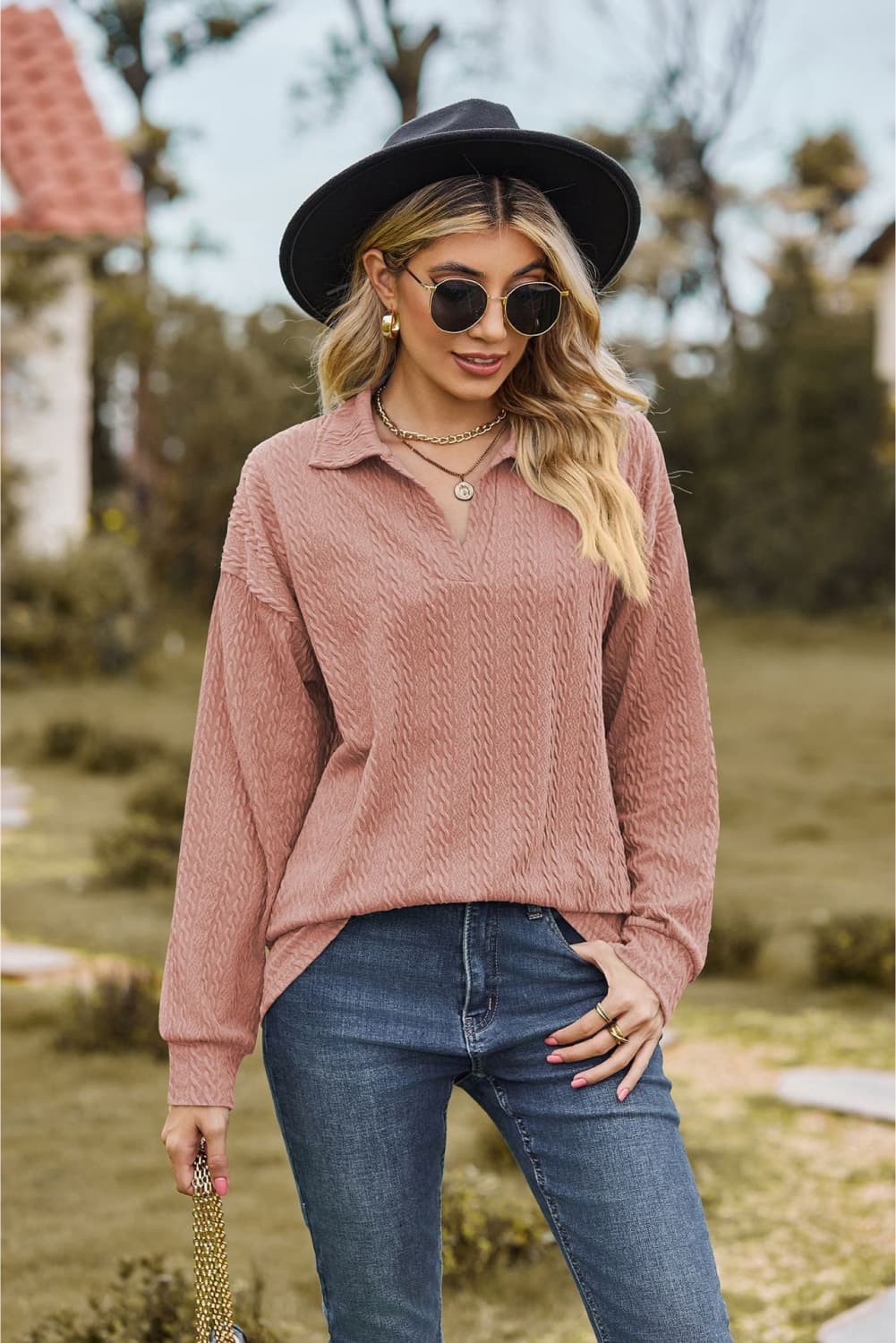 Collared Neck Cable-Knit Long Sleeve Blouse Dusty Pink Fitggins