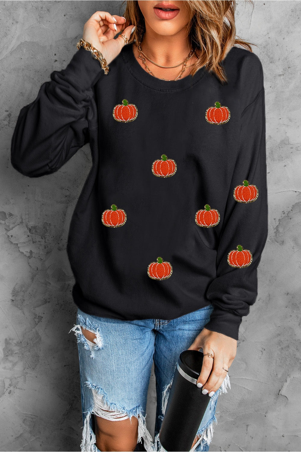 Pumpkin Round Neck Long Sleeve Sweatshirt - Sweatshirts & Hoodies - FITGGINS