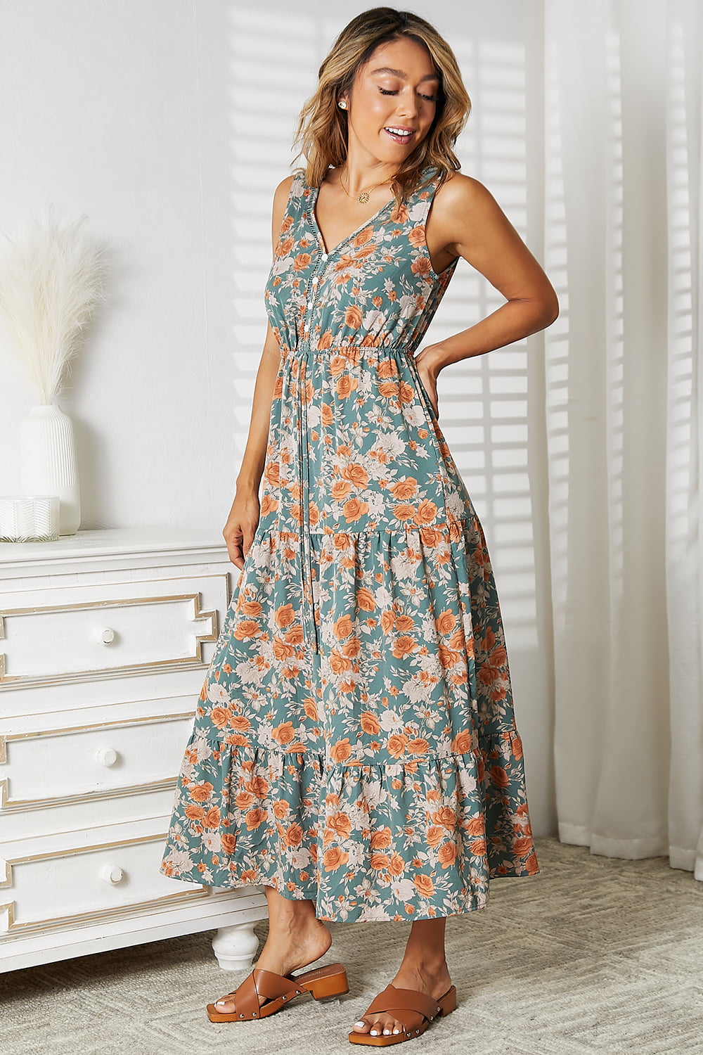 Floral V-Neck Tiered Sleeveless Dress - Casual & Maxi Dresses - FITGGINS