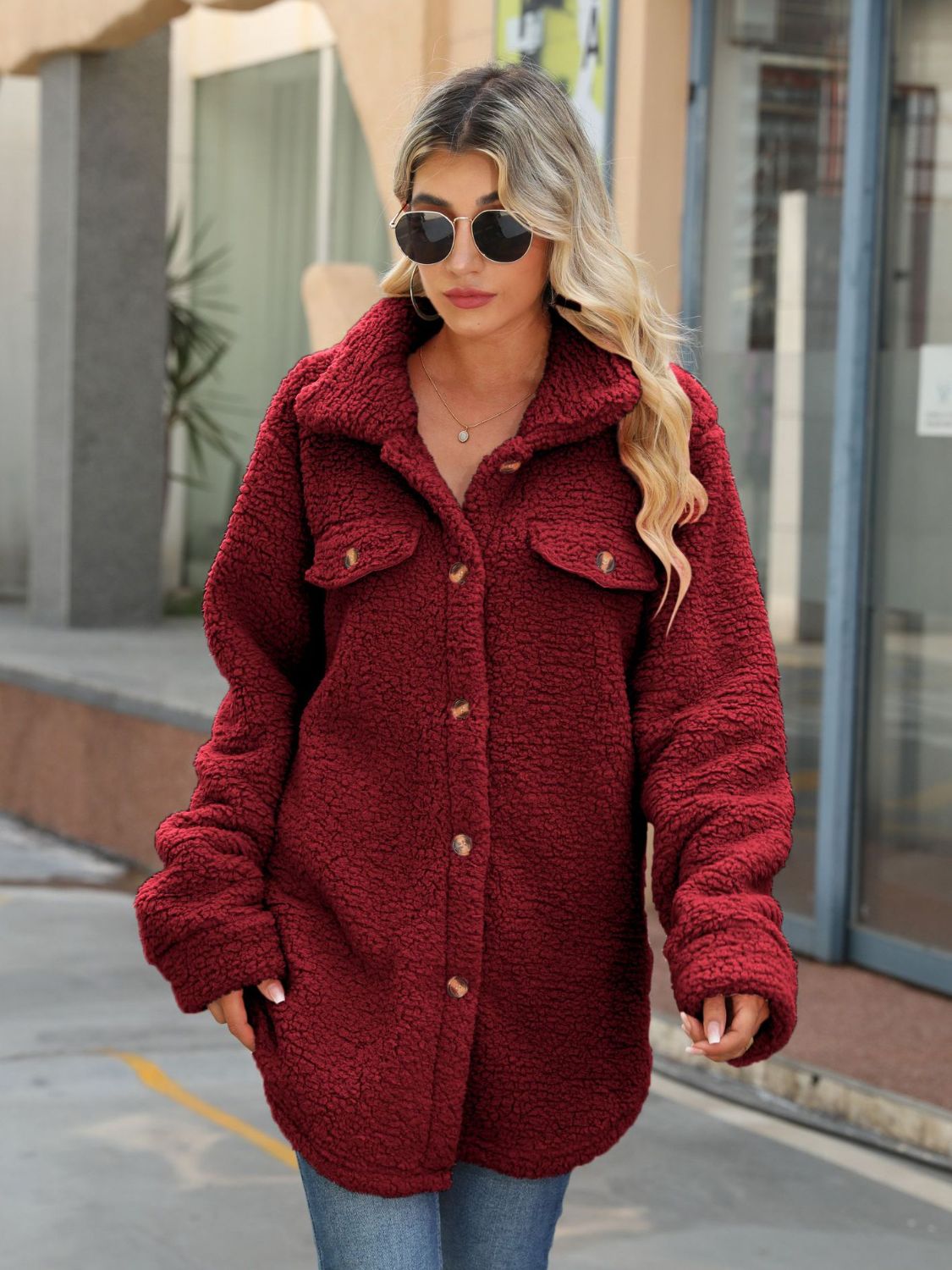 Button Down Collared Coat Wine Fitggins