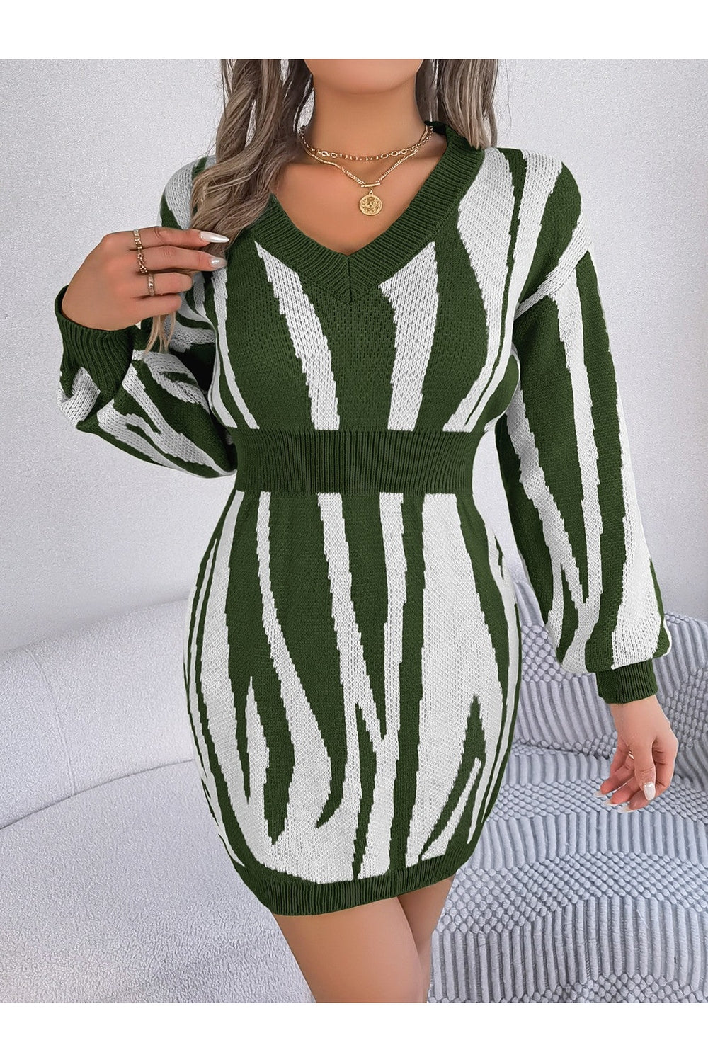 Animal Print V-Neck Long Sleeve Sweater Dress - Sweater Dresses - FITGGINS