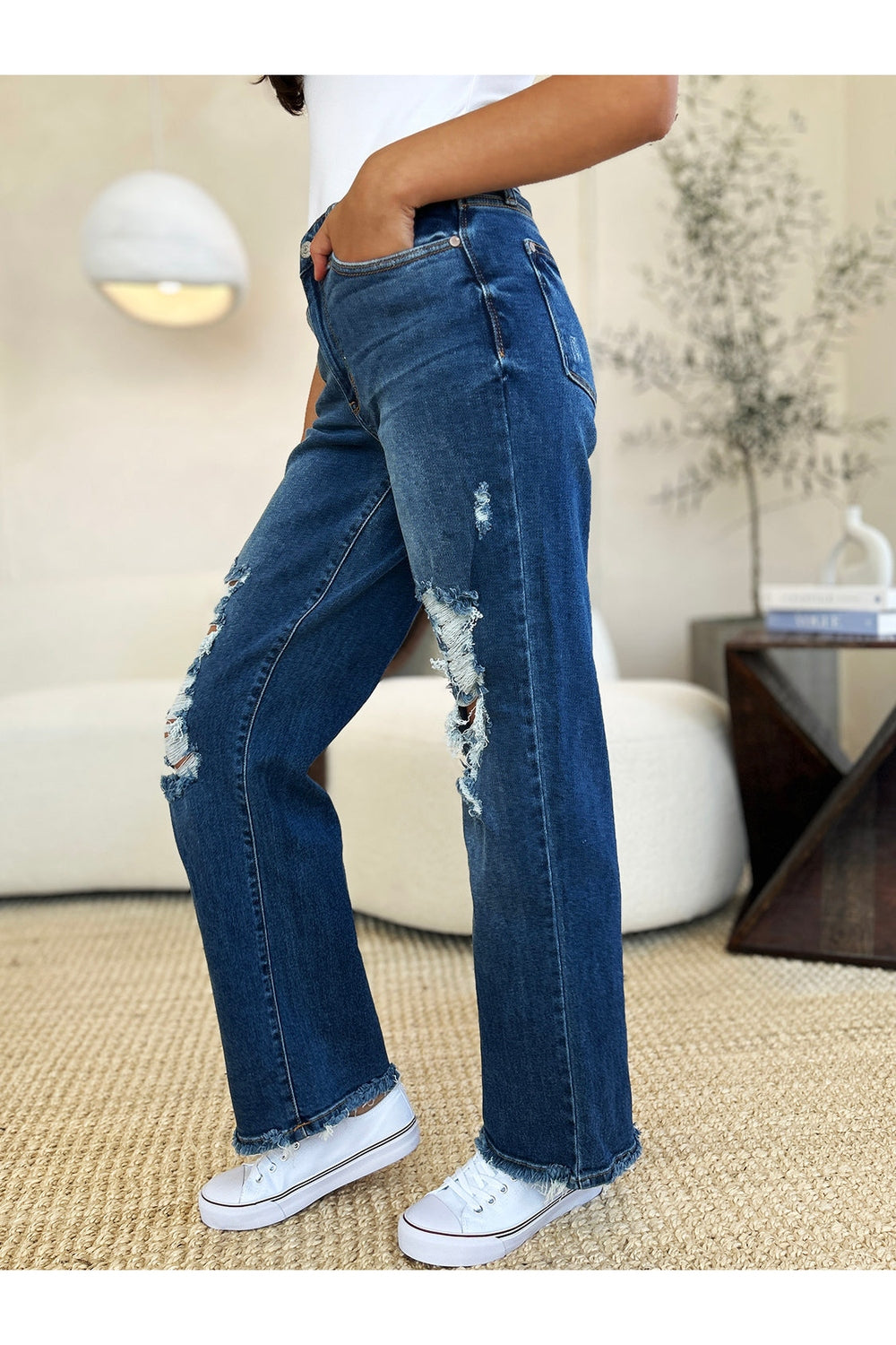 Judy Blue Full Size Mid Rise Distressed Raw Hem Jeans - Jeans - FITGGINS