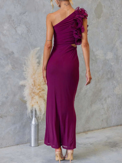 One-Shoulder Floral Trim Sleeveless Maxi Dress Fitggins