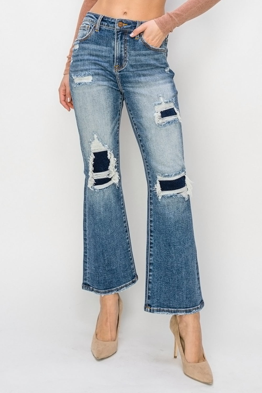 Risen Full Size High Rise Distressed Ankle Flare Jeans - Jeans - FITGGINS