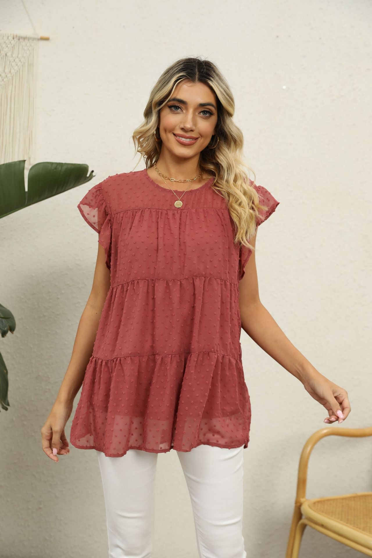 Swiss Dot Round Neck Tiered Blouse Brick Red Fitggins