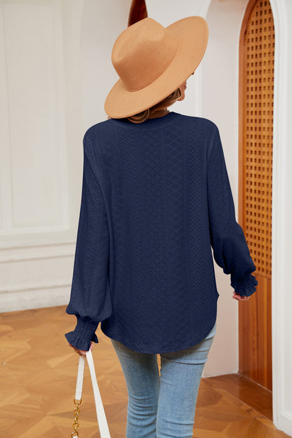 Notched Neck Flounce Sleeve Blouse Fitggins