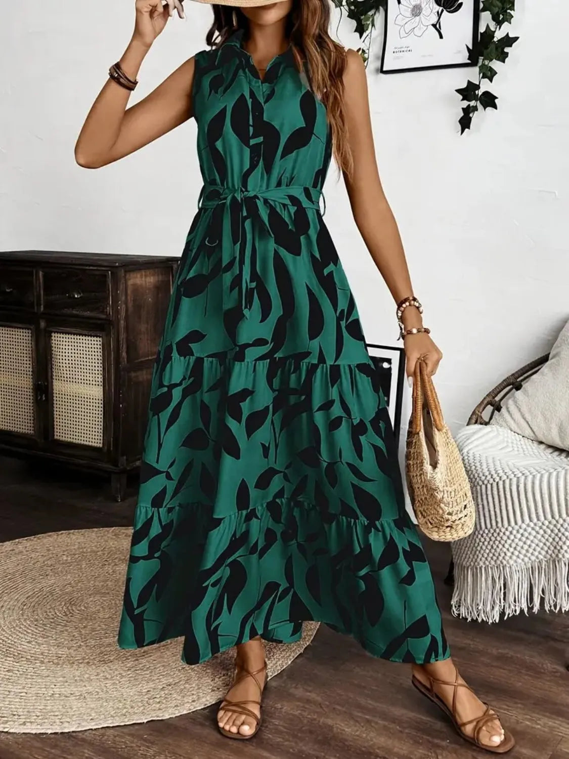 Printed Tie Waist Sleeveless Maxi Dress Fitggins
