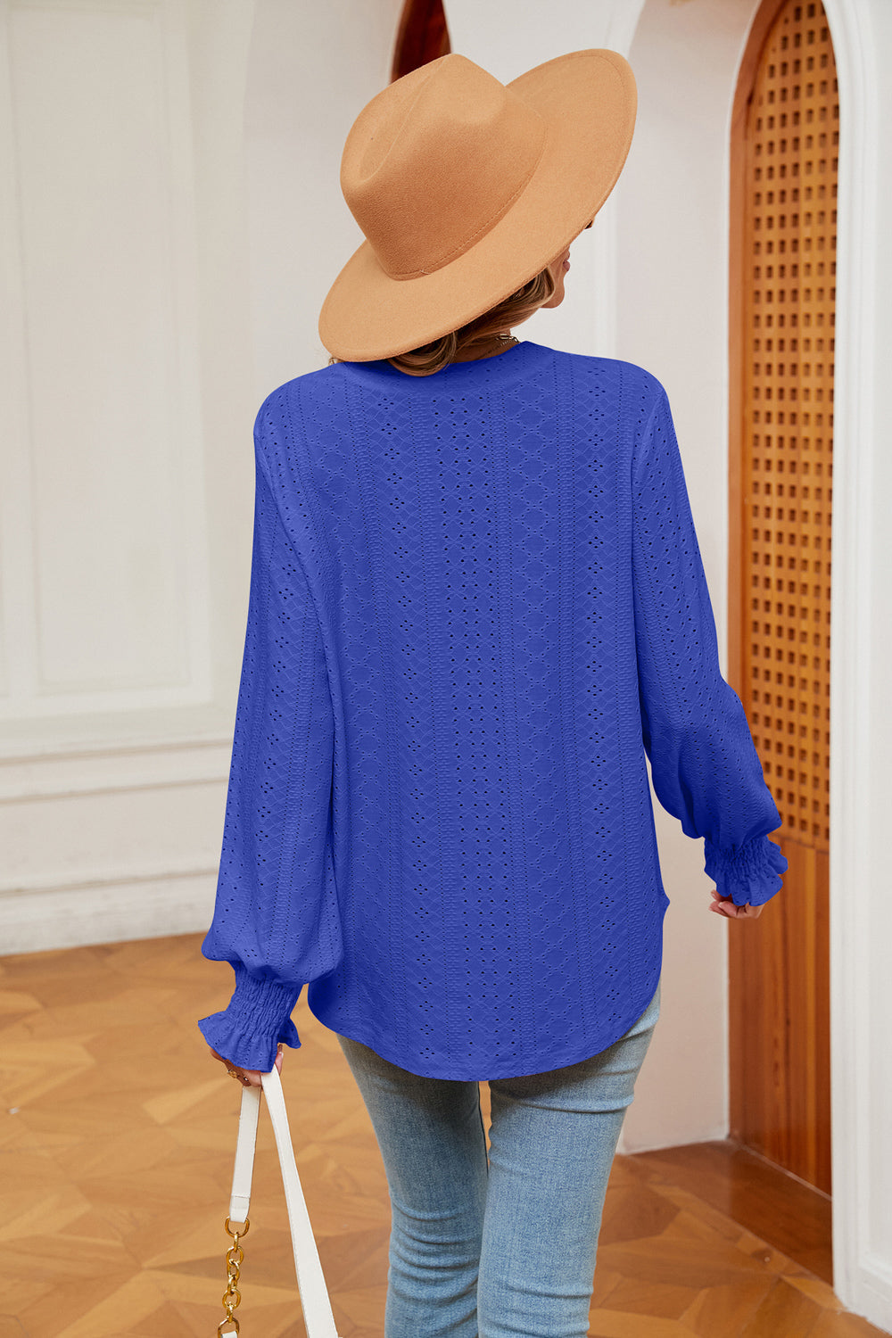 Notched Neck Flounce Sleeve Blouse Fitggins