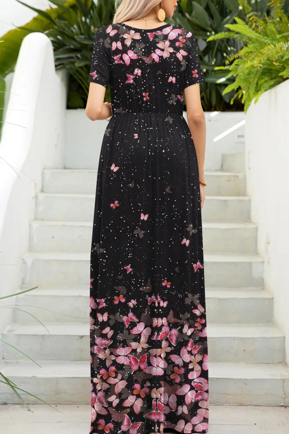 Printed Round Neck Short Sleeve Maxi Dress Fitggins