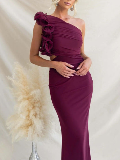 One-Shoulder Floral Trim Sleeveless Maxi Dress Burgundy Fitggins