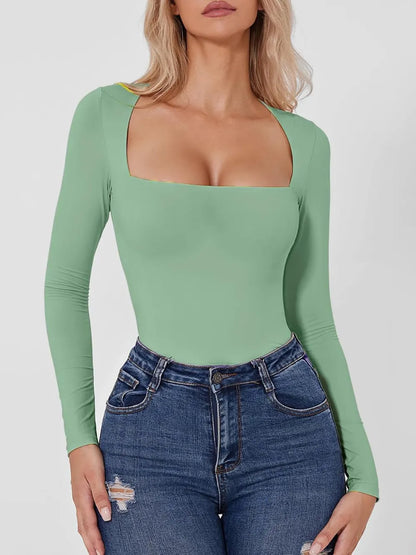 Square Neck Long Sleeve Bodysuit Gum Leaf Fitggins
