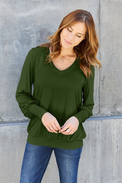 Basic Bae Full Size V-Neck Lantern Sleeve Top - T-Shirts - FITGGINS