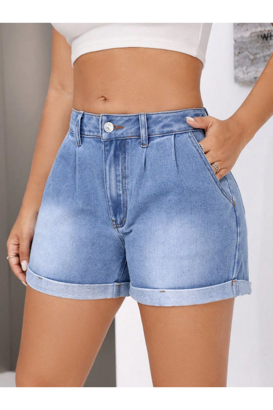 Rolled Hem Mid-Rise Waist Denim Shorts - Denim Shorts - FITGGINS