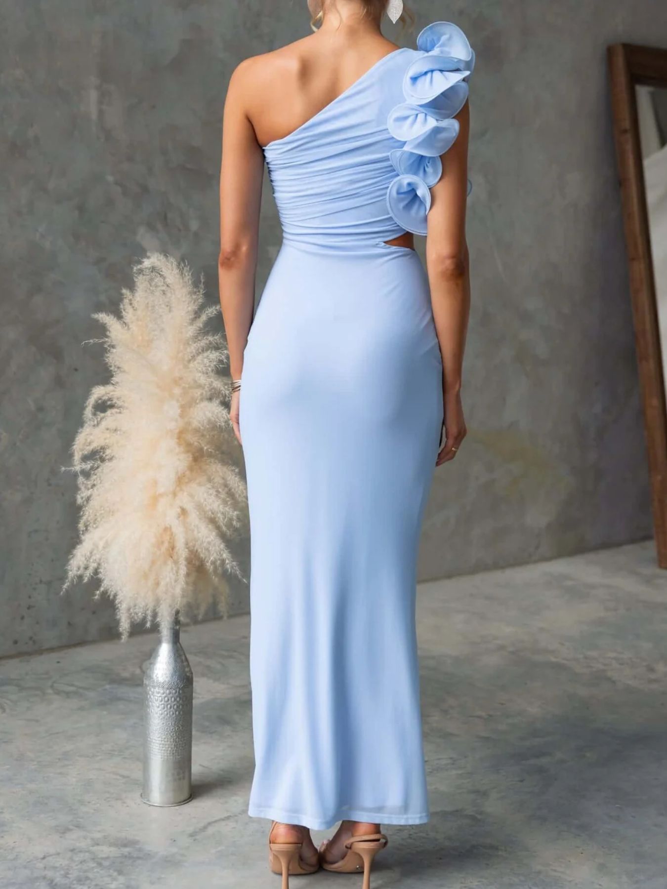 One-Shoulder Floral Trim Sleeveless Maxi Dress Fitggins