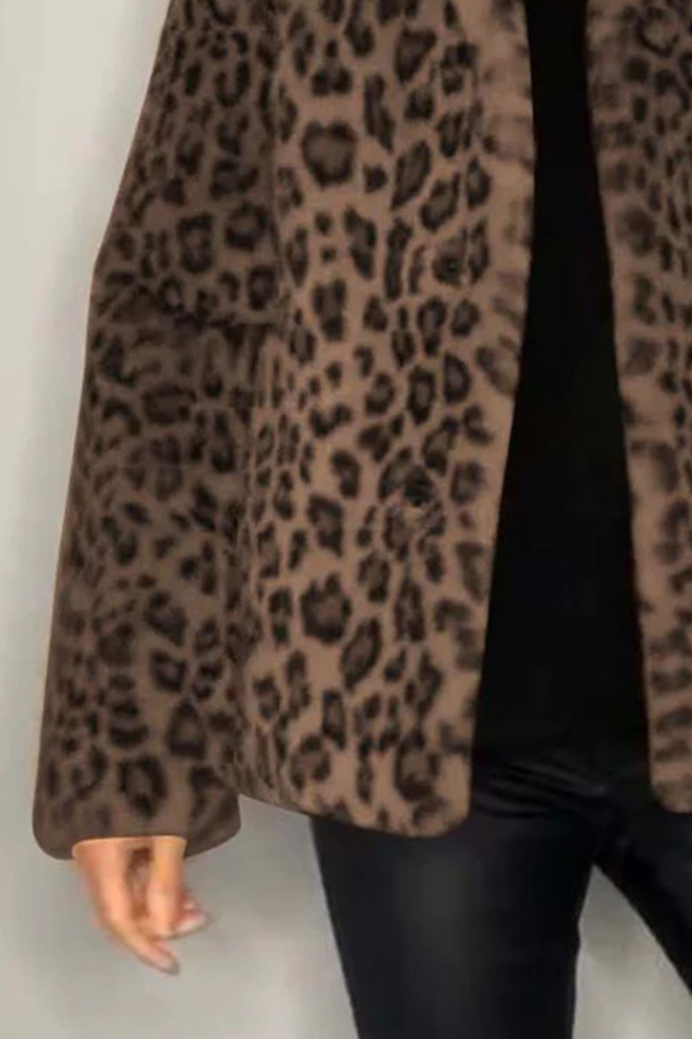 Full Size Leopard Furry Collared Neck Long Sleeve Coat - Jackets - FITGGINS