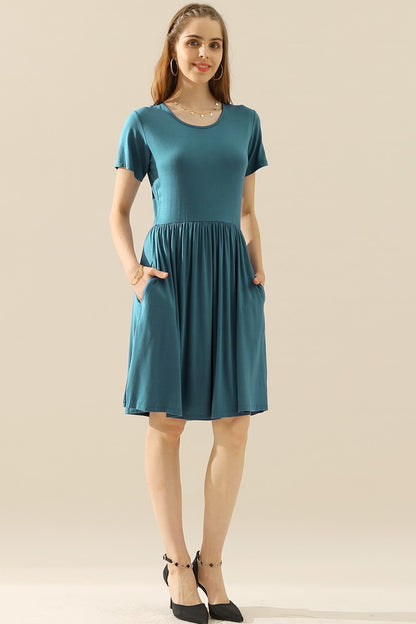 Ninexis Full Size Round Neck Ruched Dress with Pockets - Cocktail Dresses - FITGGINS