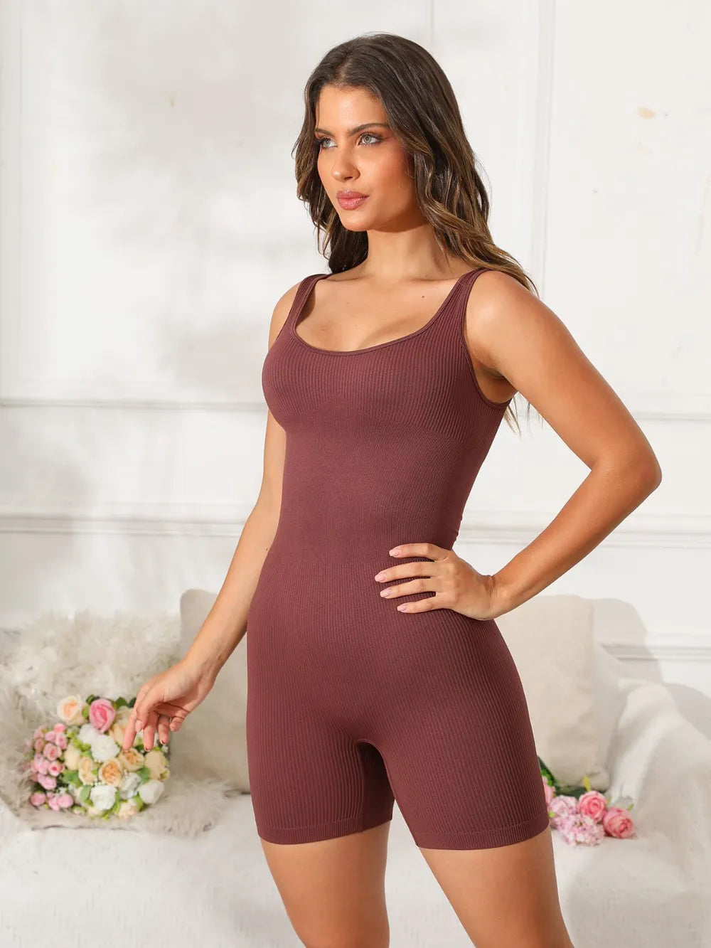 Scoop Neck Wide Strap Active Romper Dark Brown Fitggins