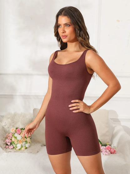 Scoop Neck Wide Strap Active Romper Dark Brown Fitggins