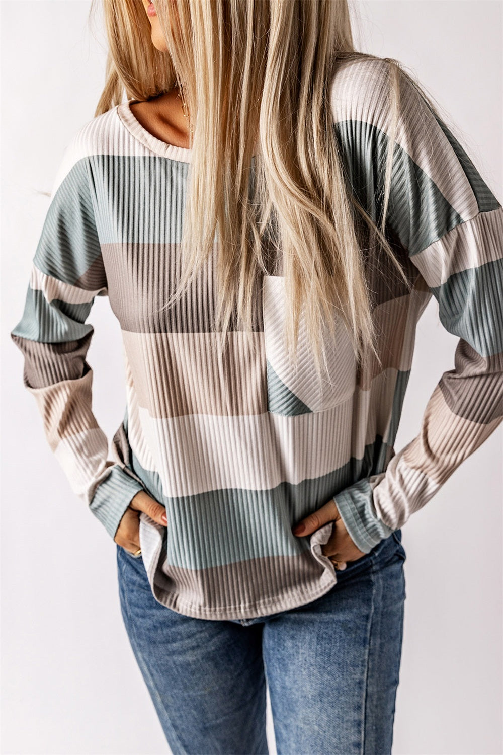 Wide Stripe Top with Pocket - Blouses - FITGGINS