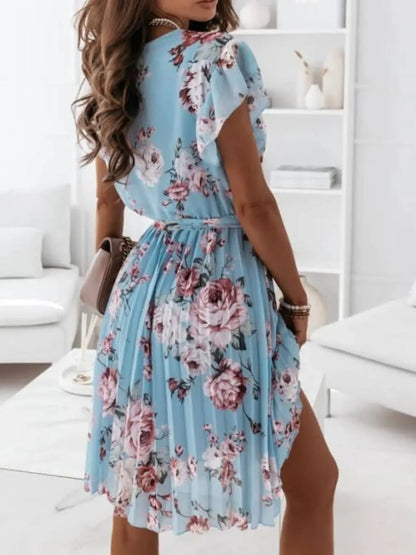 Floral Surplice Ruffled Cap Sleeve Dress Fitggins