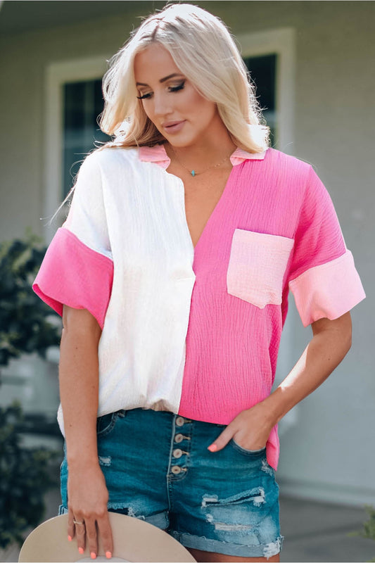 Color Block Textured Johnny Collar Blouse - Shirts - FITGGINS