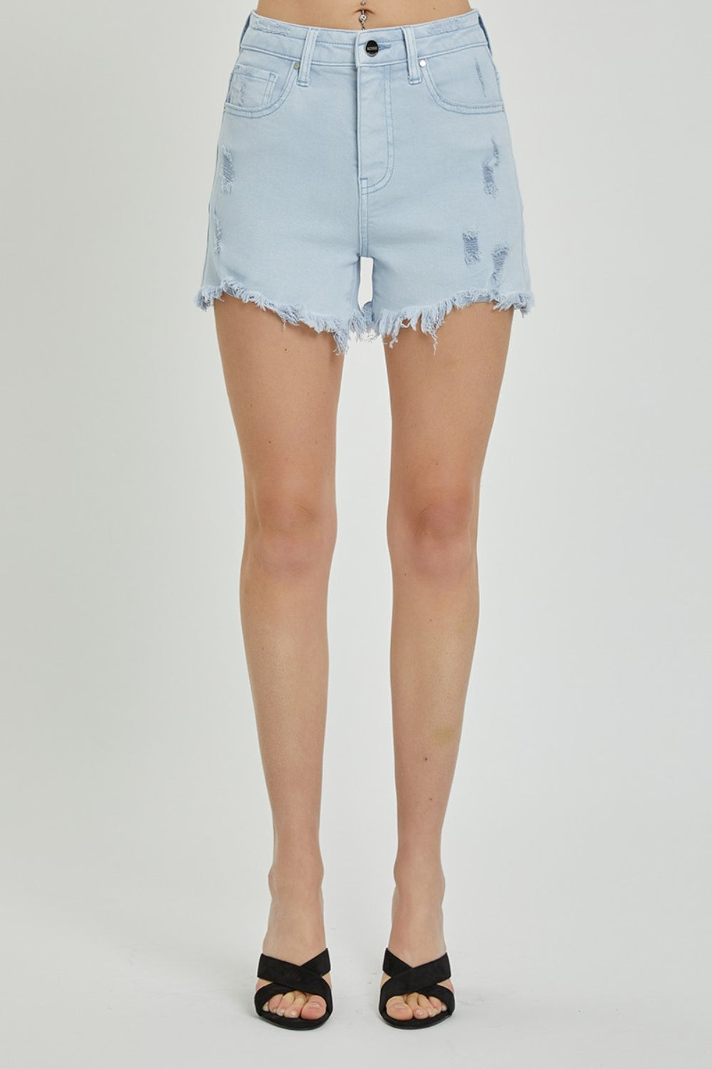RISEN Full Size High Rise Distressed Detail Denim Shorts - Denim Shorts - FITGGINS