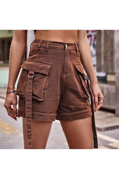 High Waist Denim Cargo Shorts - Denim Shorts - FITGGINS