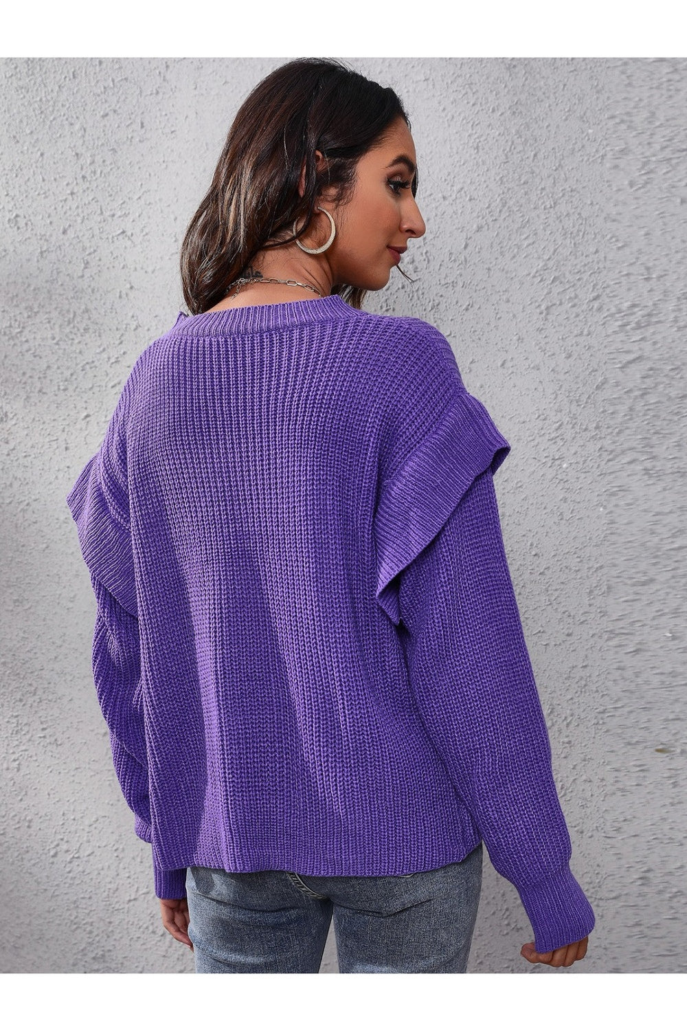 Ruffled Round Neck Dropped Shoulder Sweater - Pullover Sweaters - FITGGINS