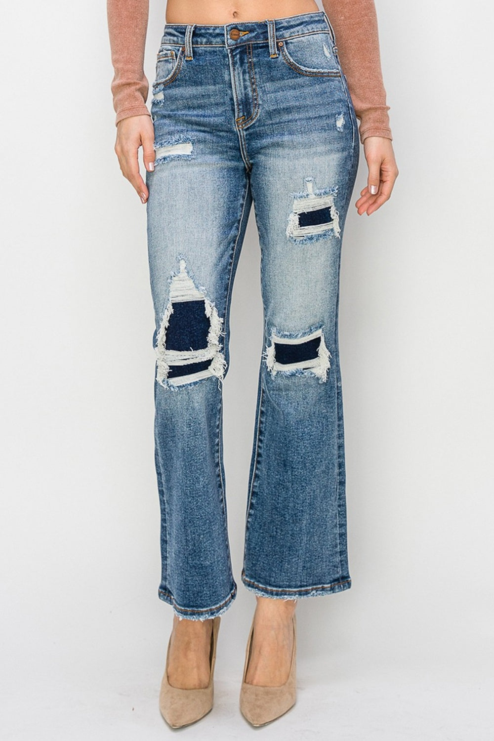 Risen Full Size High Rise Distressed Ankle Flare Jeans - Jeans - FITGGINS