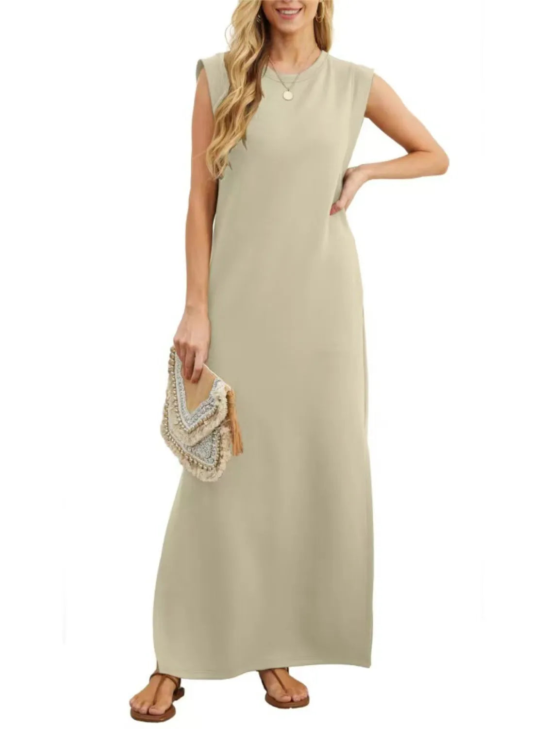 Full Size Slit Round Neck Sleeveless Maxi Tank Dress Plus Size Fitggins