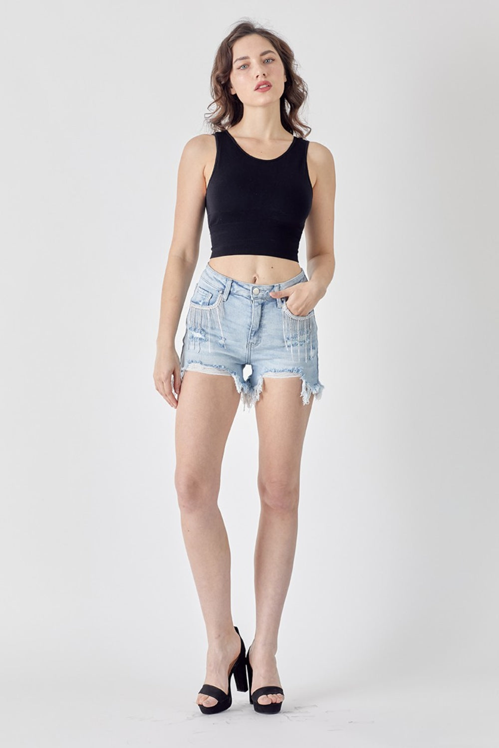 RISEN Frayed Hem Denim Shorts with Fringe Detail Pockets - Denim Shorts - FITGGINS