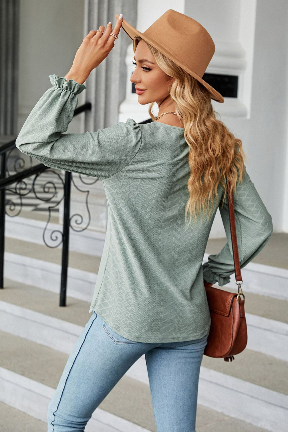 Round Neck Flounce Sleeve Blouse Fitggins