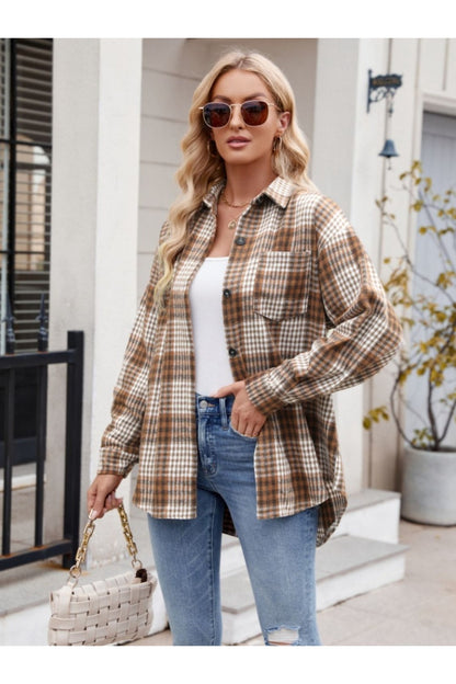 Mandy Pocketed Plaid Collared Neck Long Sleeve Shirt - Shirts - FITGGINS