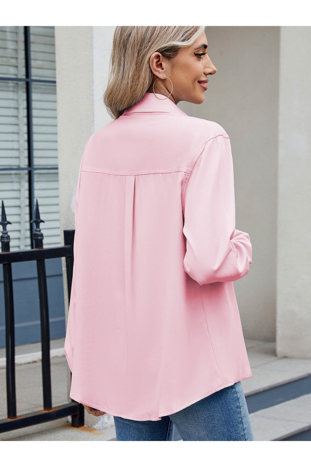 Solid Color Collared Neck Long Sleeve Shirt Fitggins