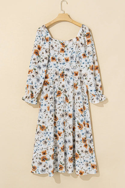 Floral Print Flounce Sleeve Midi Dress Fitggins