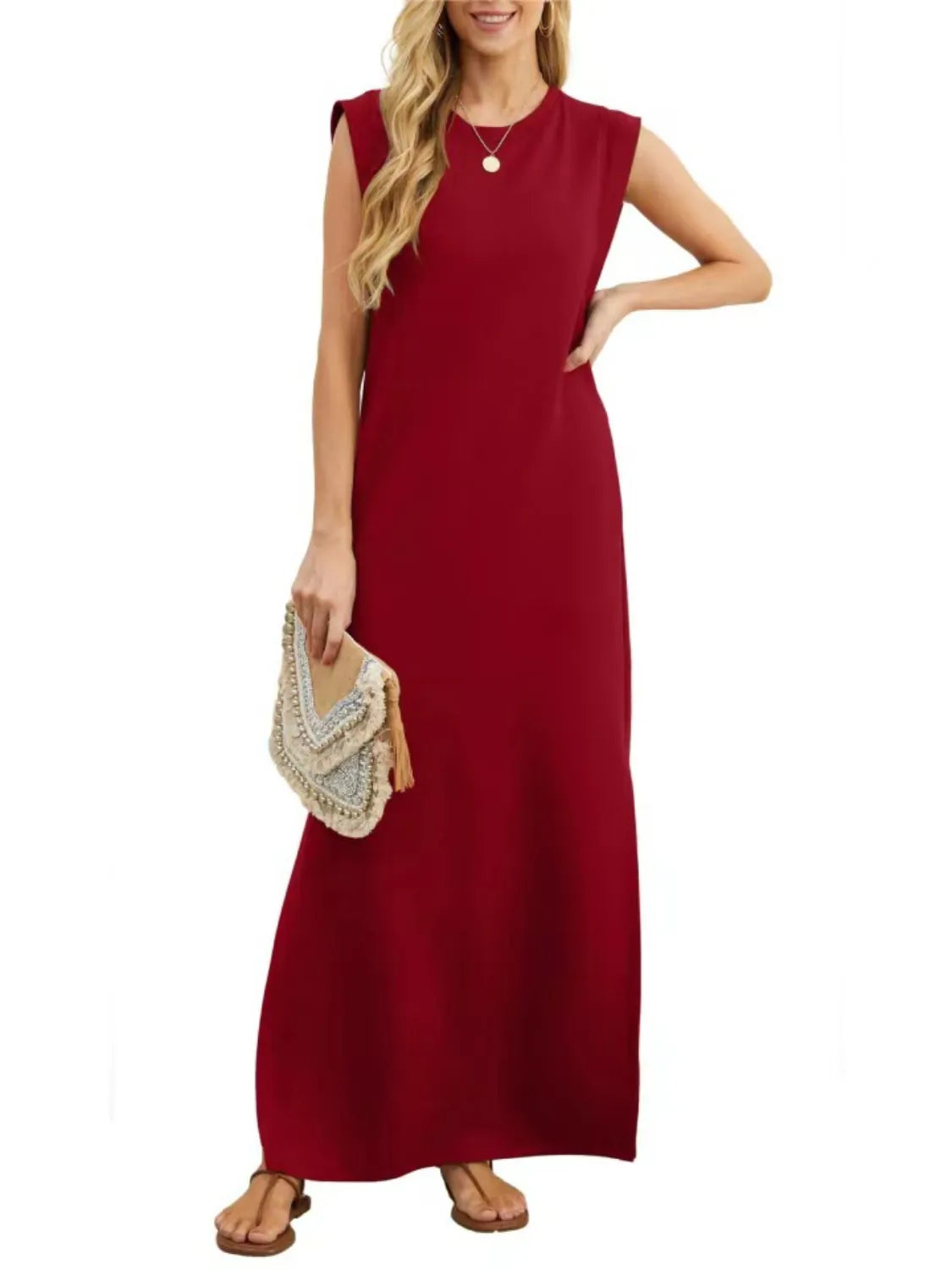 Full Size Slit Round Neck Sleeveless Maxi Tank Dress Plus Size Fitggins
