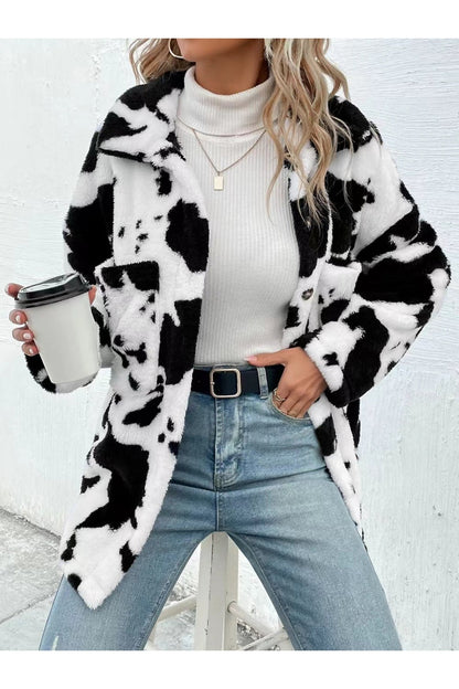 Cow Print Collared Neck Button Up Fuzzy Jacket - Jackets - FITGGINS