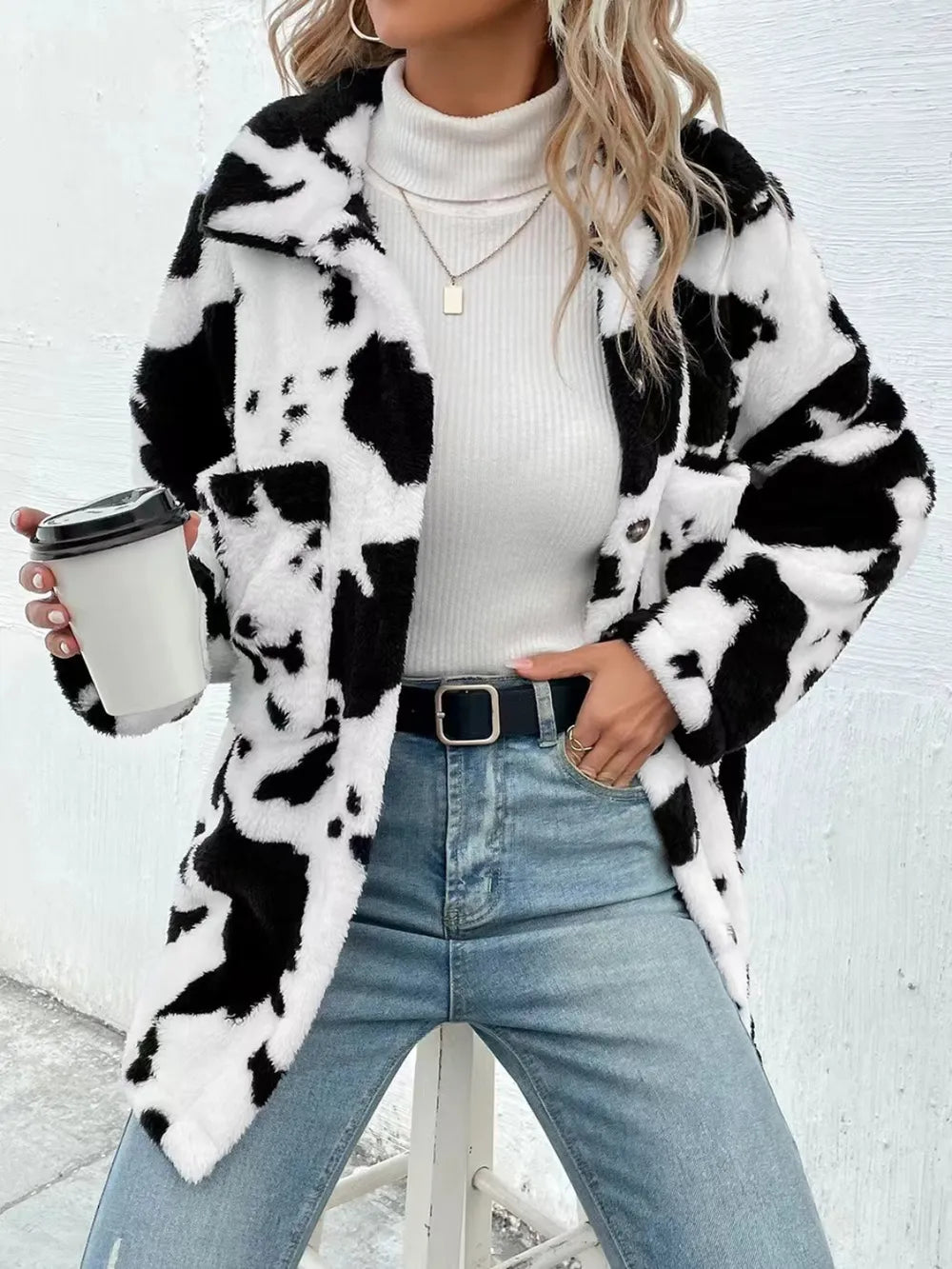 Cow Print Collared Neck Button-Up Fuzzy Jacket Fitggins