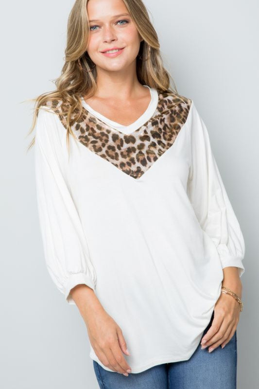 Celeste Full Size Leopard Contrast Balloon Sleeve Top - Shirts - FITGGINS