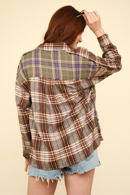 VERY J Contrast Plaid Raw Detail Shirt - Shirts - FITGGINS