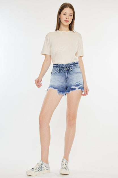 Kancan High Rise Frayed Hem Denim Shorts - Denim Shorts - FITGGINS