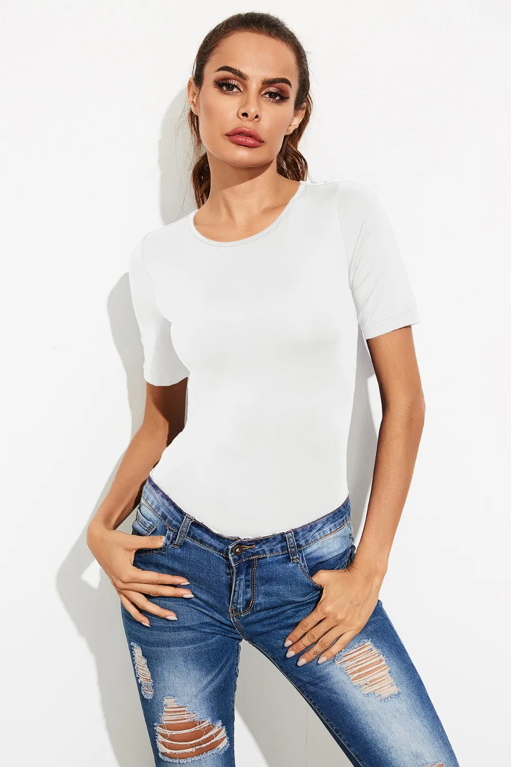 Round Neck Short Sleeve Bodysuit White Fitggins