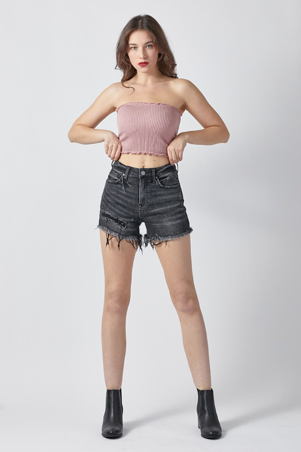 RISEN Raw Hem Denim Shorts with Pockets - Denim Shorts - FITGGINS