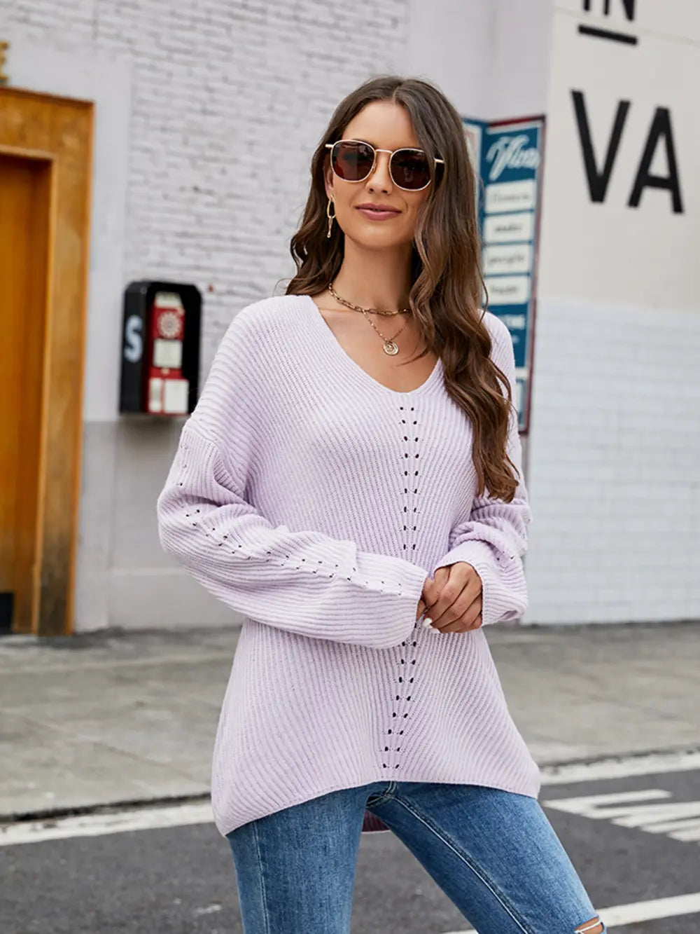 Openwork Dropped Shoulder Long Sleeve Sweater Fitggins