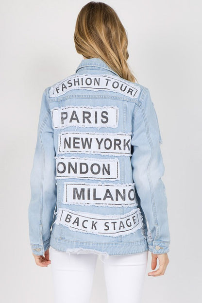 American Bazi Letter Patched Distressed Denim Jacket - Denim Jackets - FITGGINS