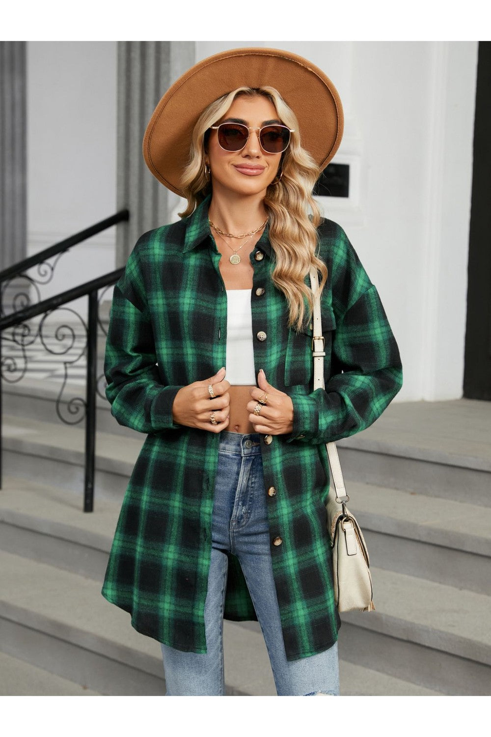 Plaid Collared Neck Long Sleeve Shirt - Shirts - FITGGINS