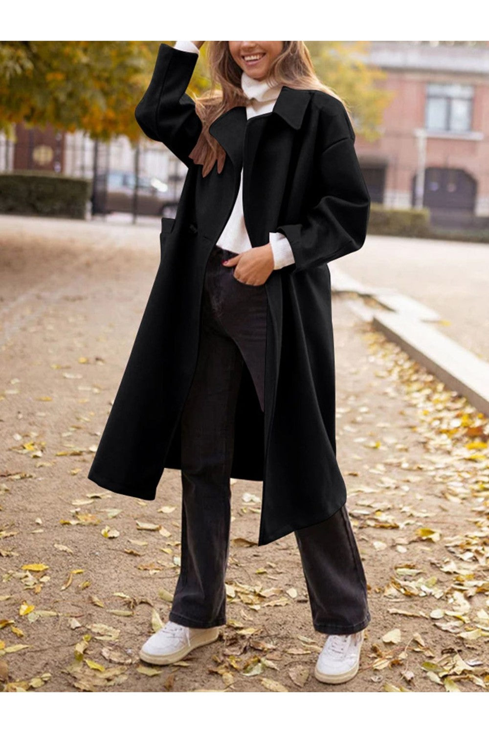 Pocketed Collared Neck Long Sleeve Coat - Jackets - FITGGINS