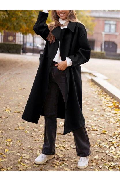 Pocketed Collared Neck Long Sleeve Coat - Jackets - FITGGINS